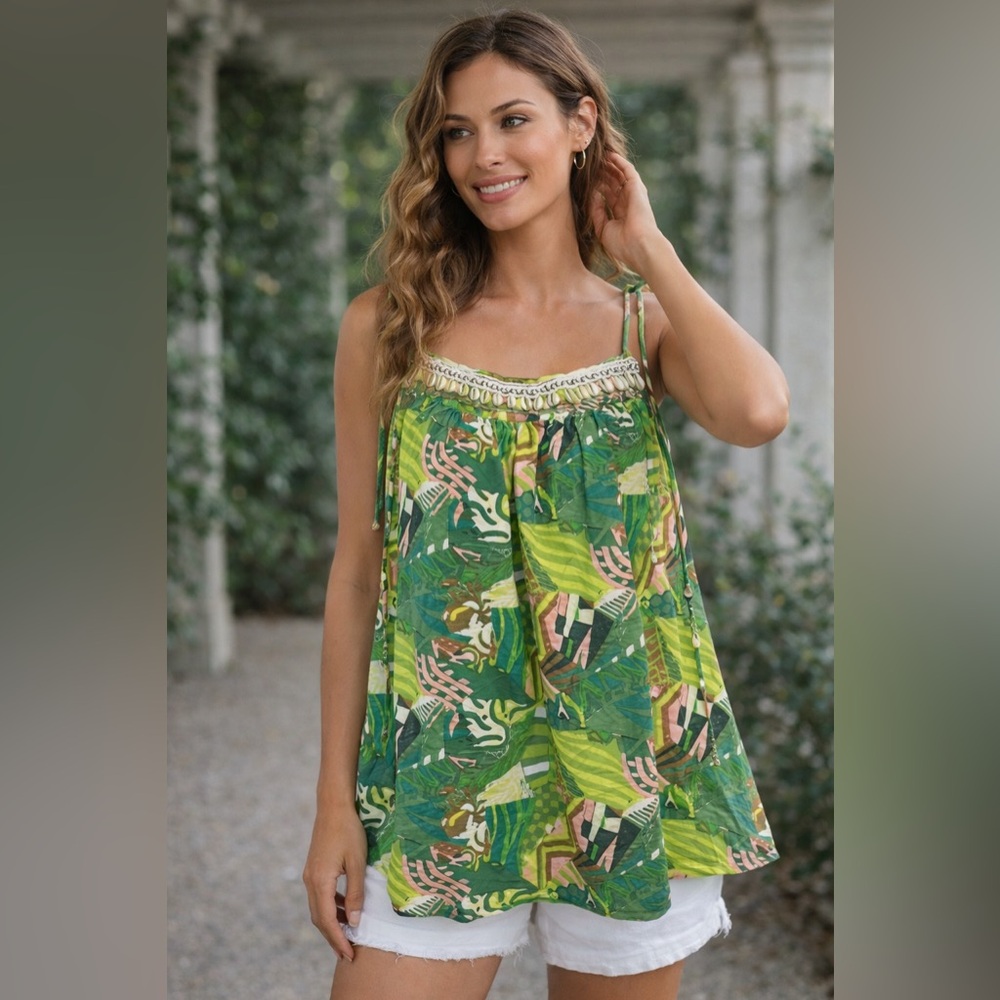 Haute Hippie Green Safari Print Sequin Beaded Top XL 100% Cotton Boho Tank